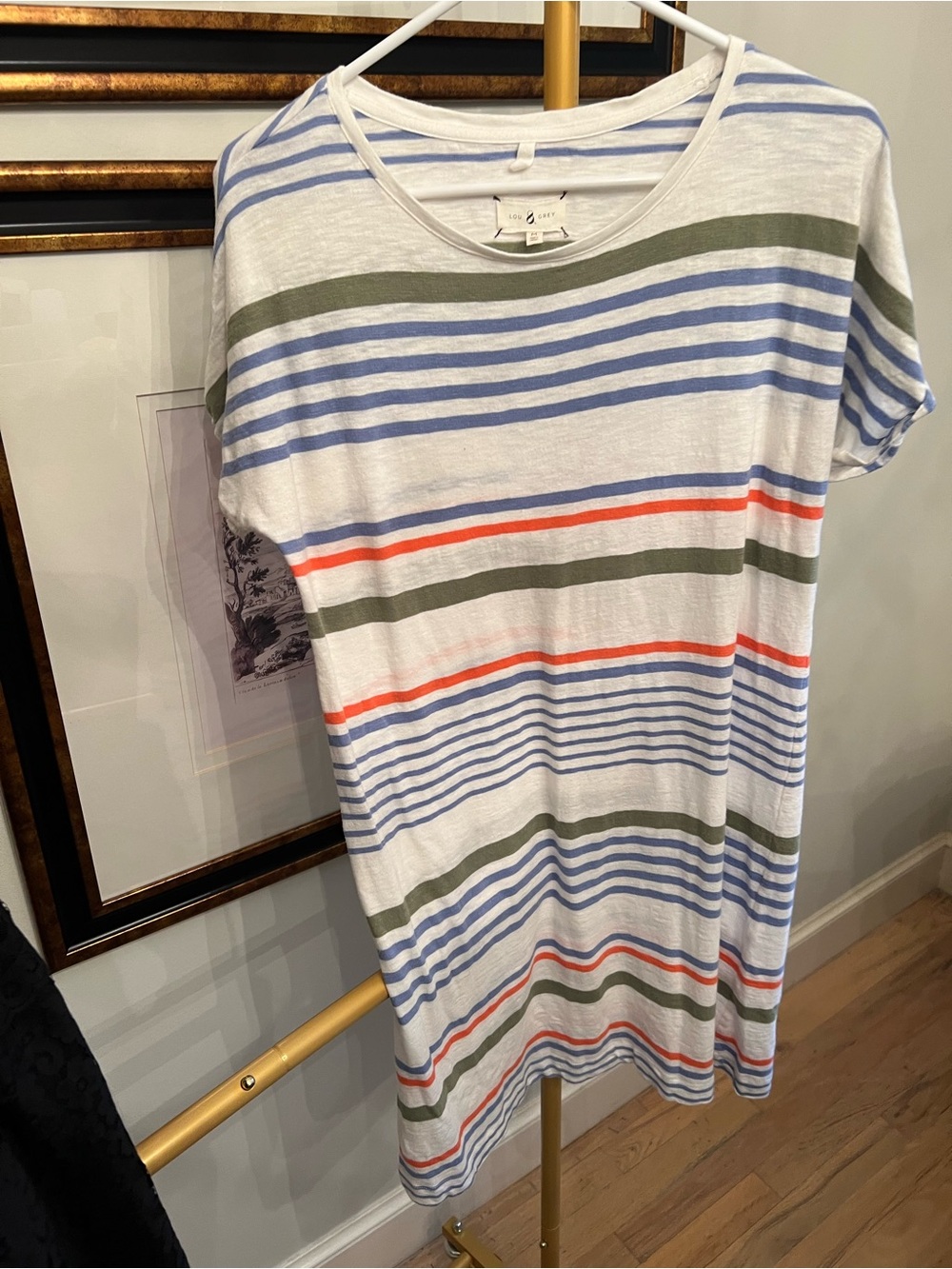 Lou & Grey Striped Women’s Dress in White with Blue, Olive & Coral Stripes